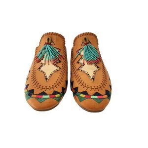 Farm Rio Colorful Stars Flat Mule Size EU 40 US 9 Embroidery Beaded Tassel Tan